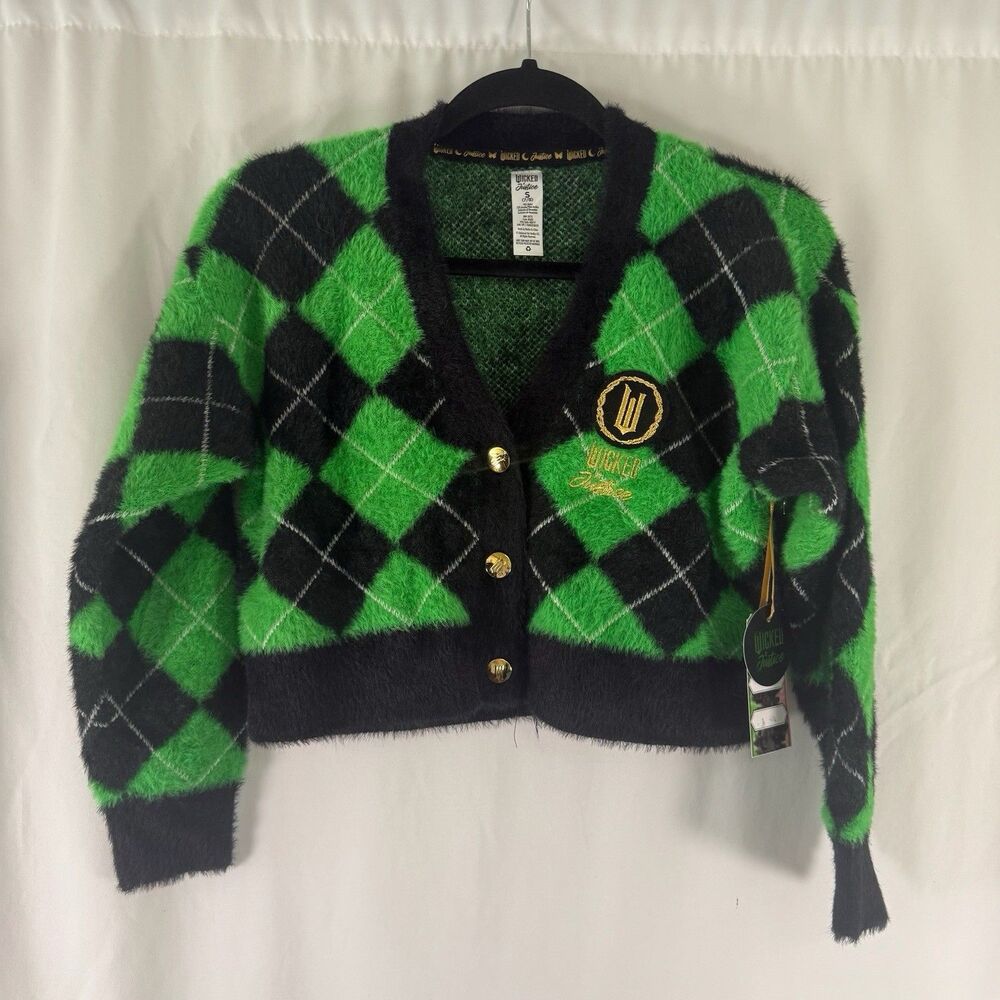 New Wicked Justice Cardigan Girls Small 7/8 Green Plaid Button Front Soft